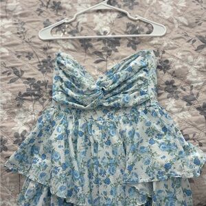 Altar'd State Blue and White Floral Strapless Dress
